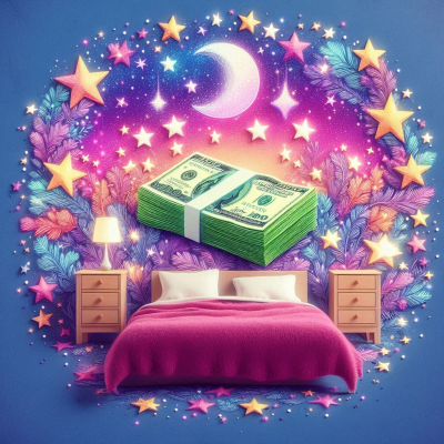 "별빛과 함께 돈이 떠오르는 꿈을 꾸고 있는 이미지입니다."
