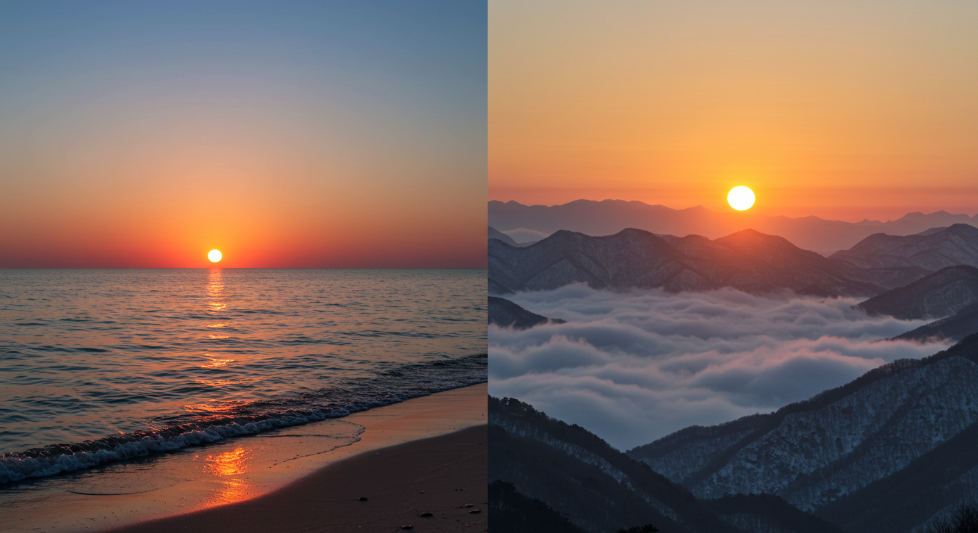 강원도 동해 바다 일출과 태백산 정상 일출 풍경이 어우러진 이미지