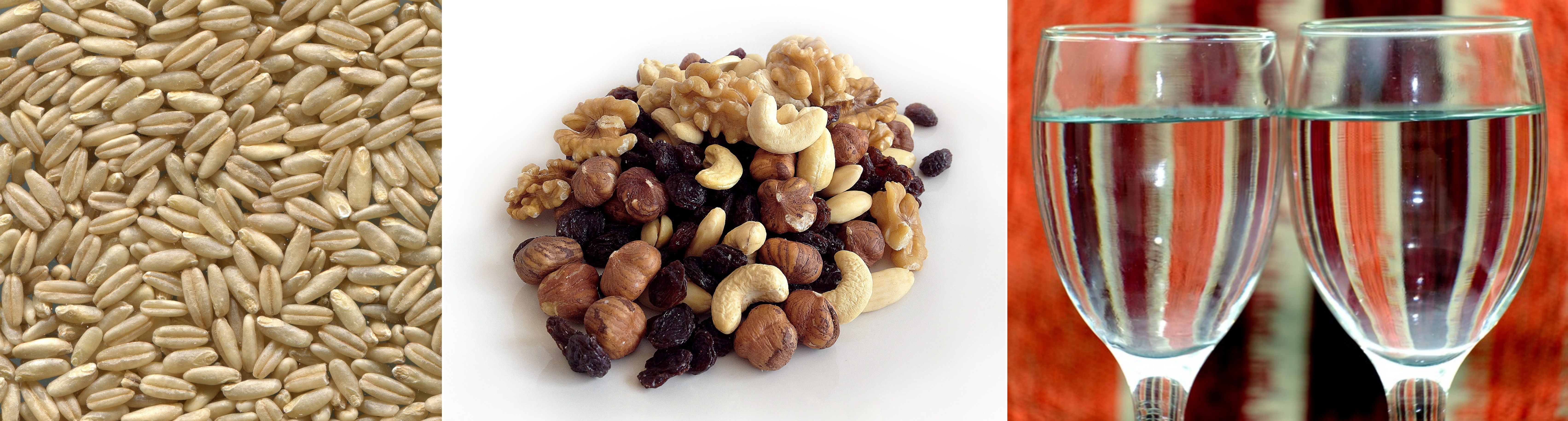 왼쪽 귀리 가운데 견과류 오른쪽 물컵