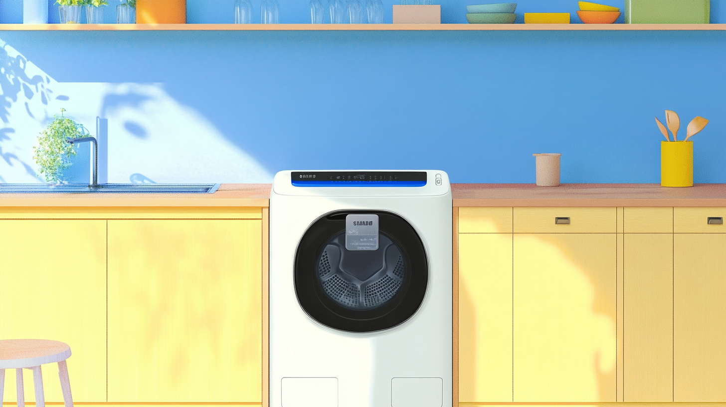 세련되고 고급스러운 주방에 놓인 현대적인 삼성 세탁기, 프리미엄 디자인으로 부각됩니다.