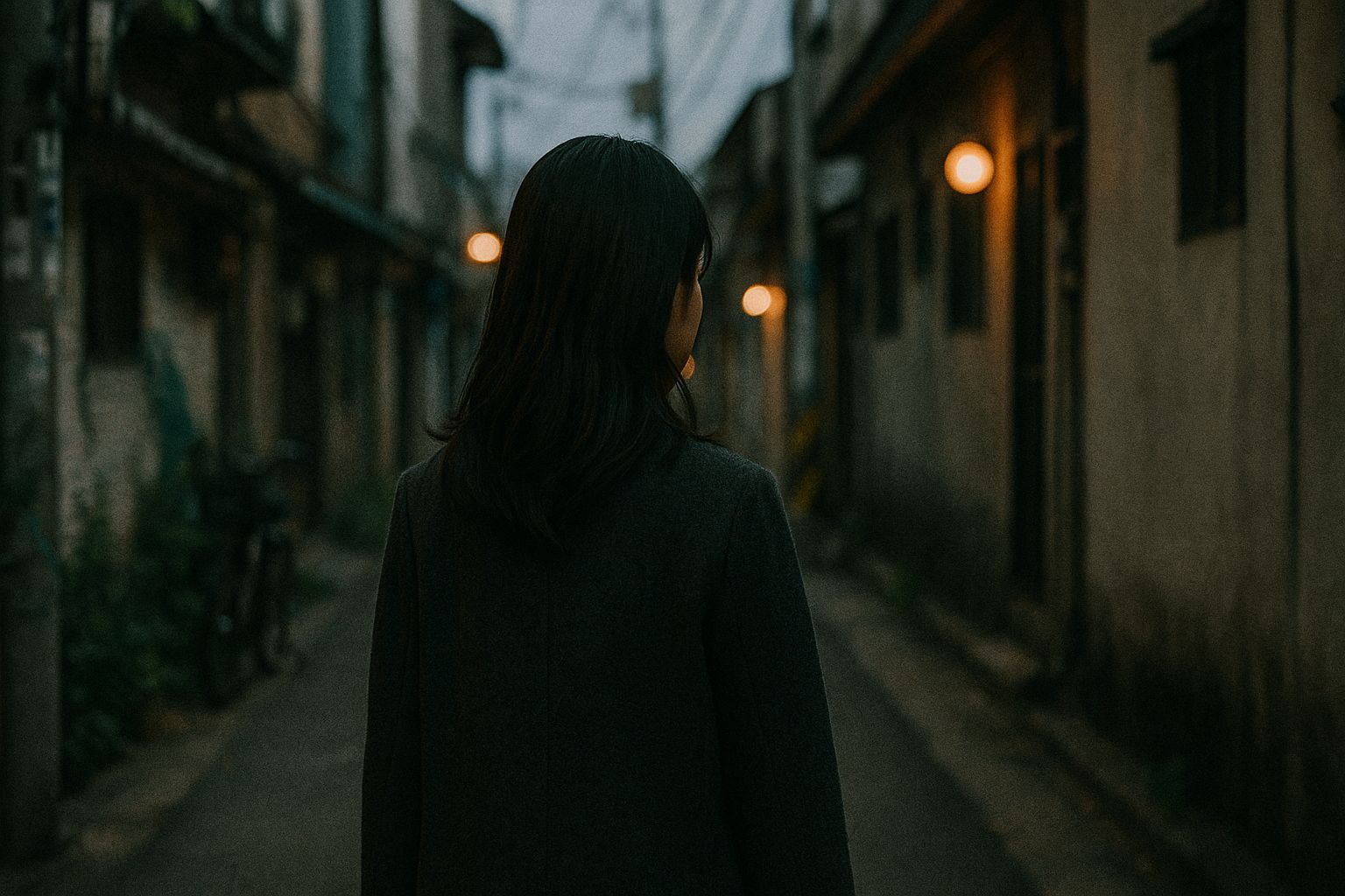 밤의 골목길에서 정면을 응시하는 한국 여성