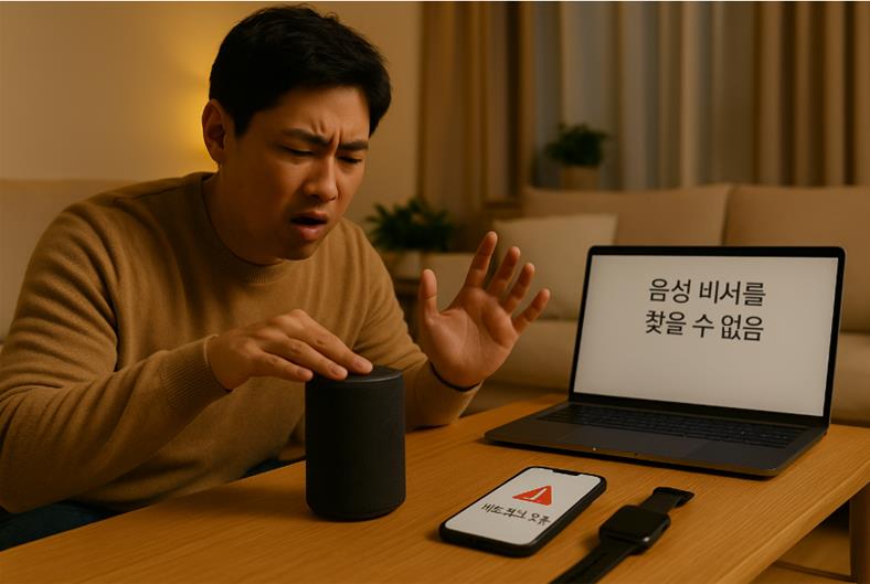 사용자가 반응 없는 스마트 스피커에 당황하며 오류를 확인