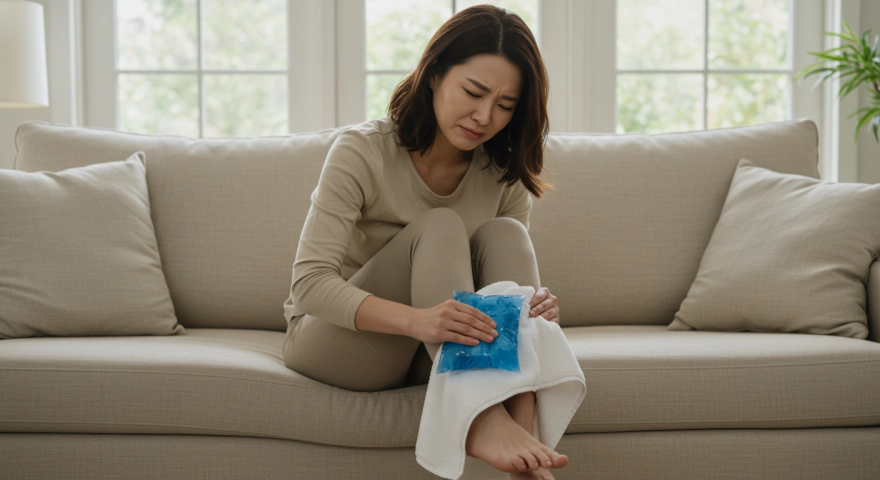 얼음팩을 수건에 싸서 발뒤꿈치에 대는 여성