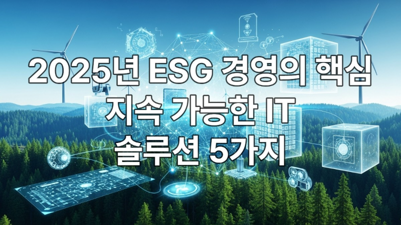 2025년 ESG 경영과 첨단 IT 솔루션의 융합을 상징하는 이미지. 푸른 자연 위에 AI, 블록체인, IoT 등 지속 가능한 기술들이 디지털 네트워크로 연결되어 미래 기업의 지속 가능한 성장을 표현함.