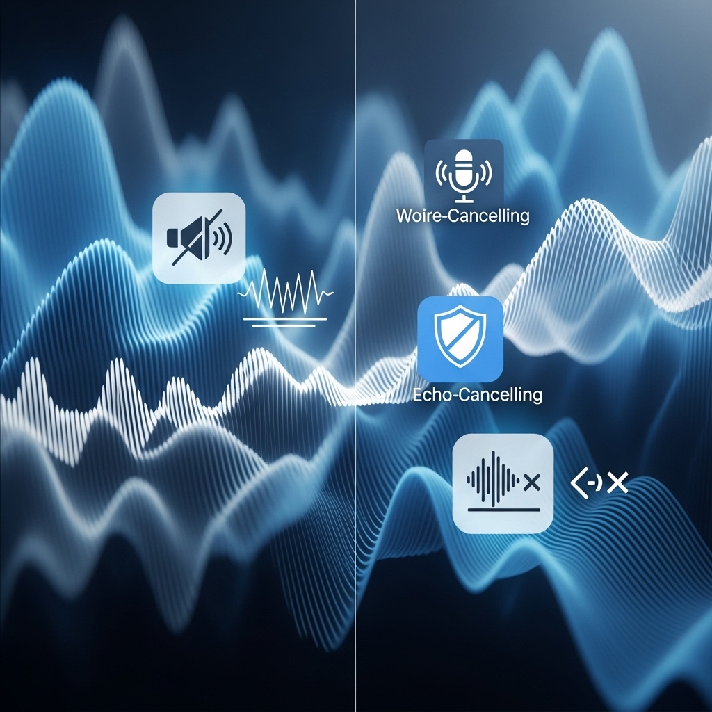 디스코드 음성 채팅 최적화를 나타내는 추상적인 이미지. 파란색과 회색의 역동적인 음파가 필터링되며 노이즈 캔슬링 및 에코 제거 아이콘이 보여 깨끗한 음질을 상징합니다.2