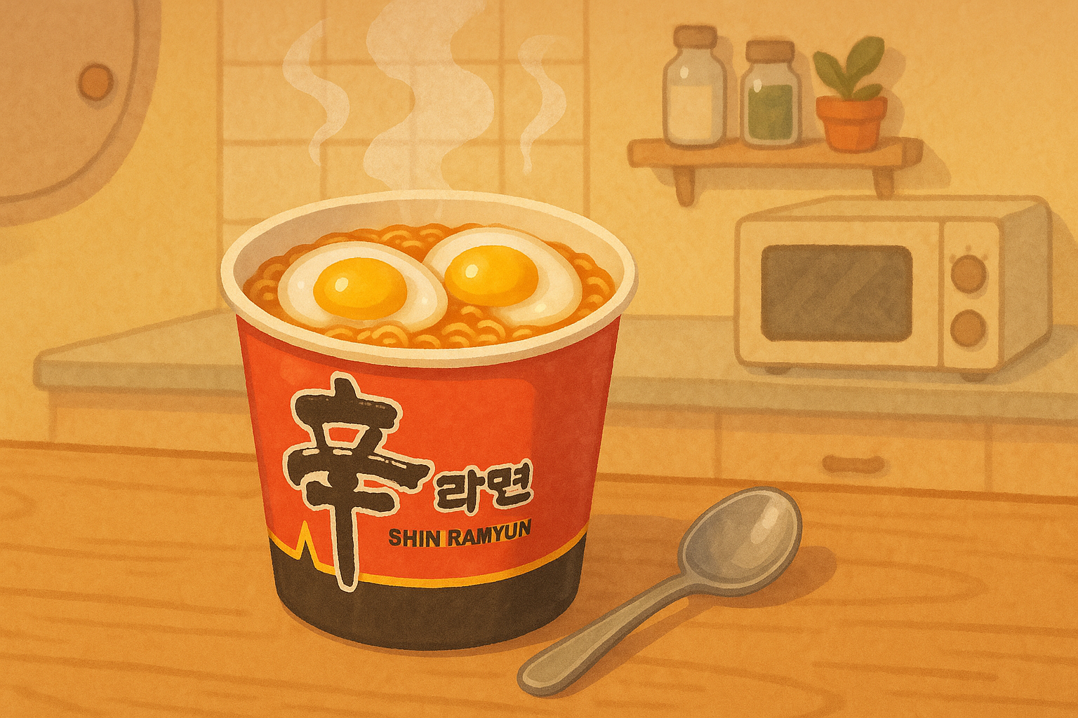 신라면 컵라면 용기 속에 달걀 두 개가 탱글탱글하게 익어 있는 모습