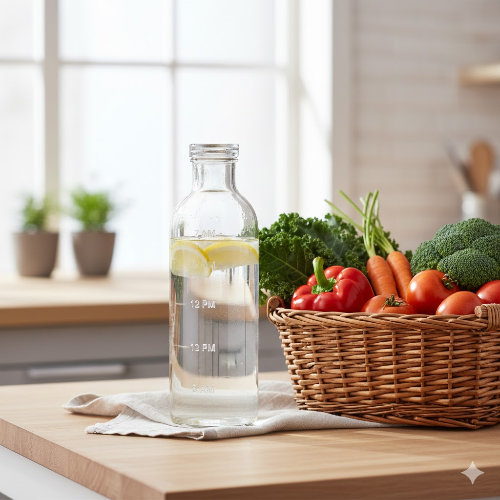 하루 수분 섭취량을 체크할 수 있는 물병과 신선한 채소 바구니