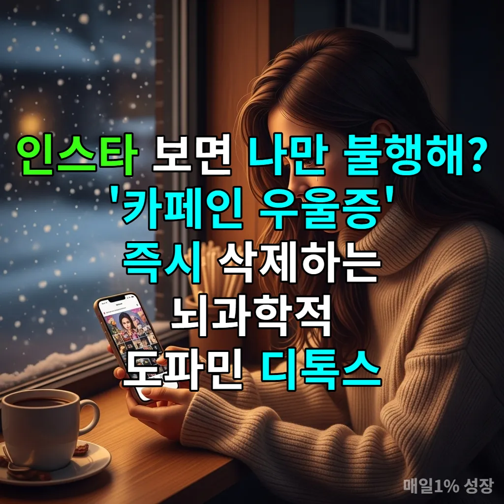 서울의 겨울 카페에서 스마트폰을 보며 외로움을 느끼는 한국 여성의 모습, 카페인 우울증과 SNS 박탈감 묘사