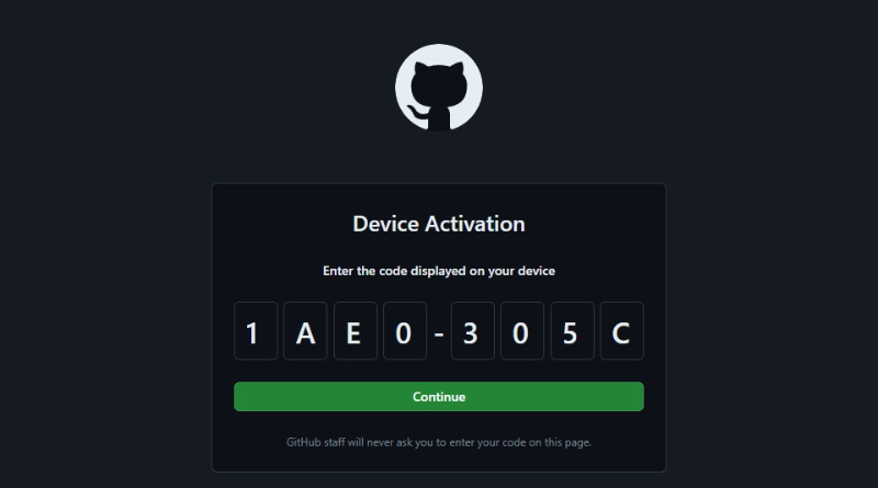 github.com/login/device에 인증 코드 입력