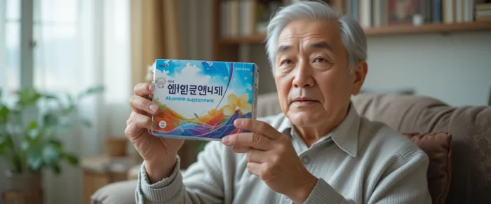 거실 소파에 앉아 알부민 영양제 상자를 확인하는 장면