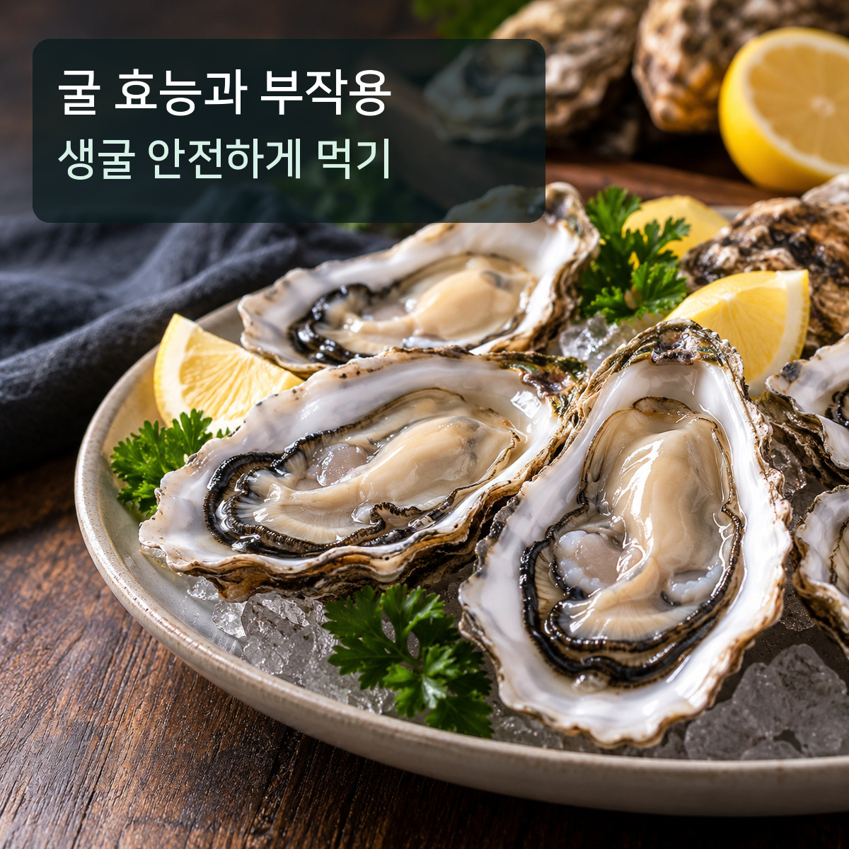 얼음 위에 놓인 신선한 반각 굴과 레몬을 배경으로 굴 효능과 생굴 안전 섭취 문구가 적힌 대표 이미지