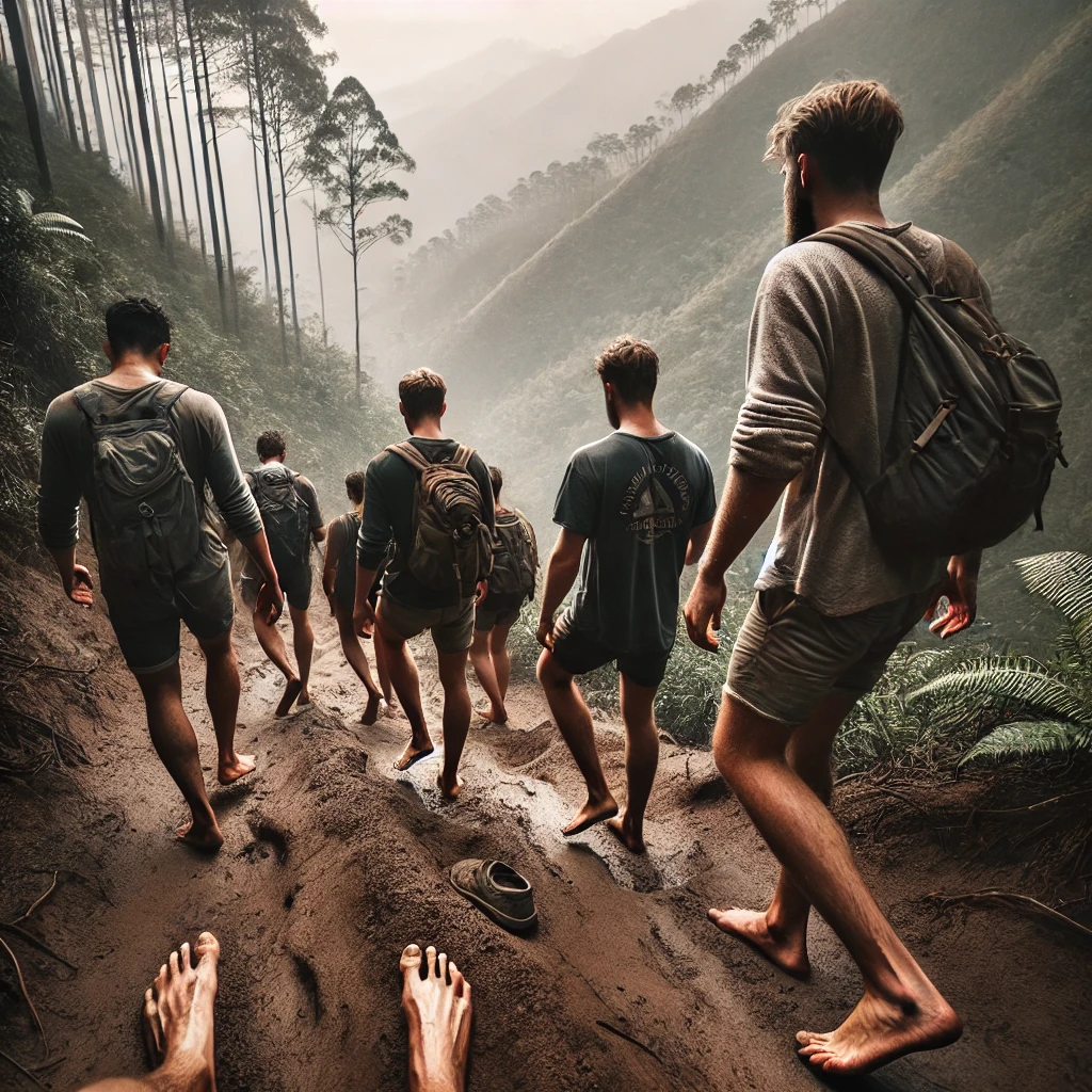 맨발로 산에 올라가는 사람들