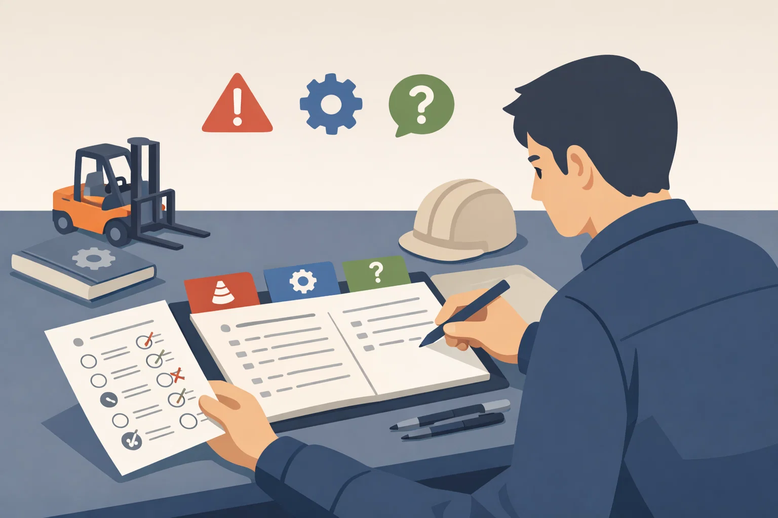 지게차운전기능사 필기 요점 정리 후 오답표와 복습노트를 함께 보며 헷갈린 안전 기준과 장비 관련 개념을 다시 확인하도록 돕는 이미지