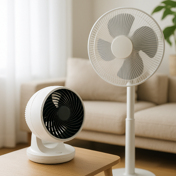 거실 테이블 위에 놓인 써큘레이터와 뒤편의 스탠드형 선풍기가 함께 놓여 있는 모습. 자연광이 비치는 창문과 중립 톤의 인테리어가 어우러진 차분한 분위기의 실내 공간