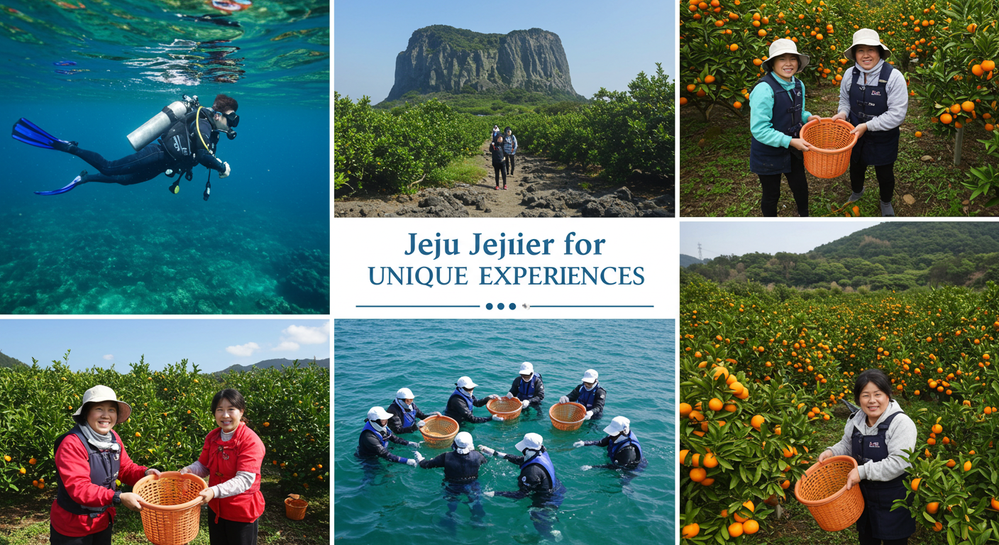 제주도의 아름다운 자연 속에서 다양한 특별한 액티비티를 경험할 수 있음을 보여주는 파노라마 이미지