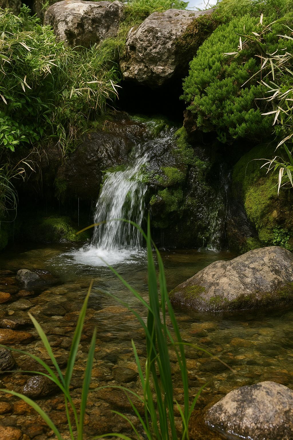 백록샘 옆 작은 폭포가 바위 사이로 흐르는 모습