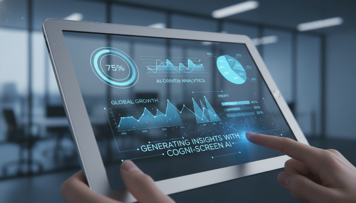 AI가 생성한 전문적인 발표 자료와 데이터 차트가 표시된 태블릿 화면