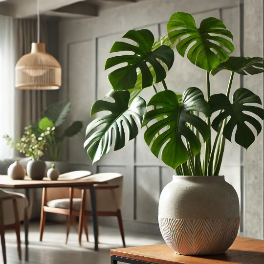 거실안 탁자위에 올려진 초록의 나무 화분모습