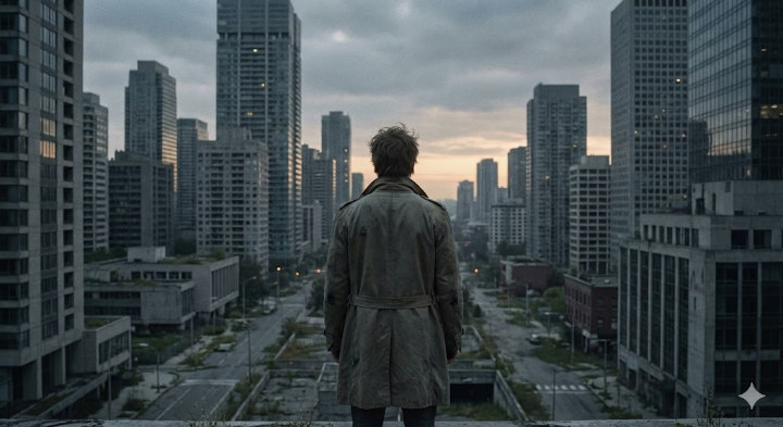 황량한 도심 빌딩 숲을 배경으로 어딘가를 쓸쓸하게 바라보는 주인공의 뒷모습. 드라마의 여운을 주는 엔딩 분위기