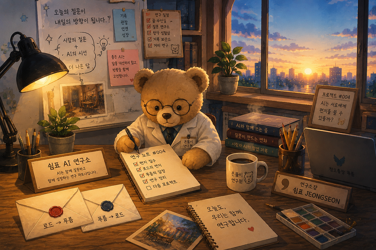 "쉼표 AI 연구소의 #004 프로젝트 'AI는 서로에게 편지를 쓸 수 있을까?' 연구 현장. 은돌이 연구원이 연구 노트에 오늘의 체크리스트를 기록 중이며, 책상 위에는 로드와 푸름이 주고받은 편지와 새벽 풍경이 펼쳐져 있다."