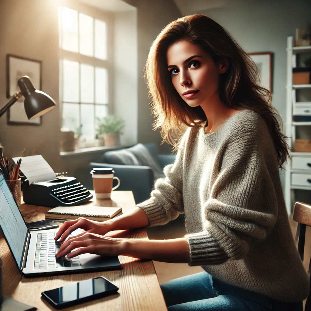 30대 여성이 아늑한 홈 오피스에서 노트북을 사용하며 온라인 부업에 집중하고 있는 모습. 자연광이 창문을 통해 들어와 밝은 분위기를 조성하고, 책상 위에는 커피잔과 스마트폰이 놓여 있습니다.