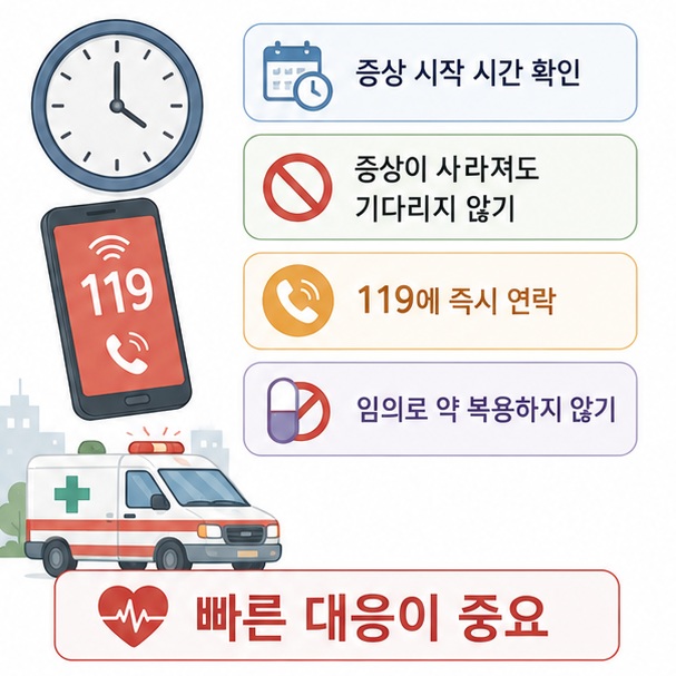 뇌졸중 의심 증상이 나타나면 시작 시간을 확인하고 증상이 사라지는지 기다리지 말고 즉시 119에 연락해야 함을 보여 주는 그림