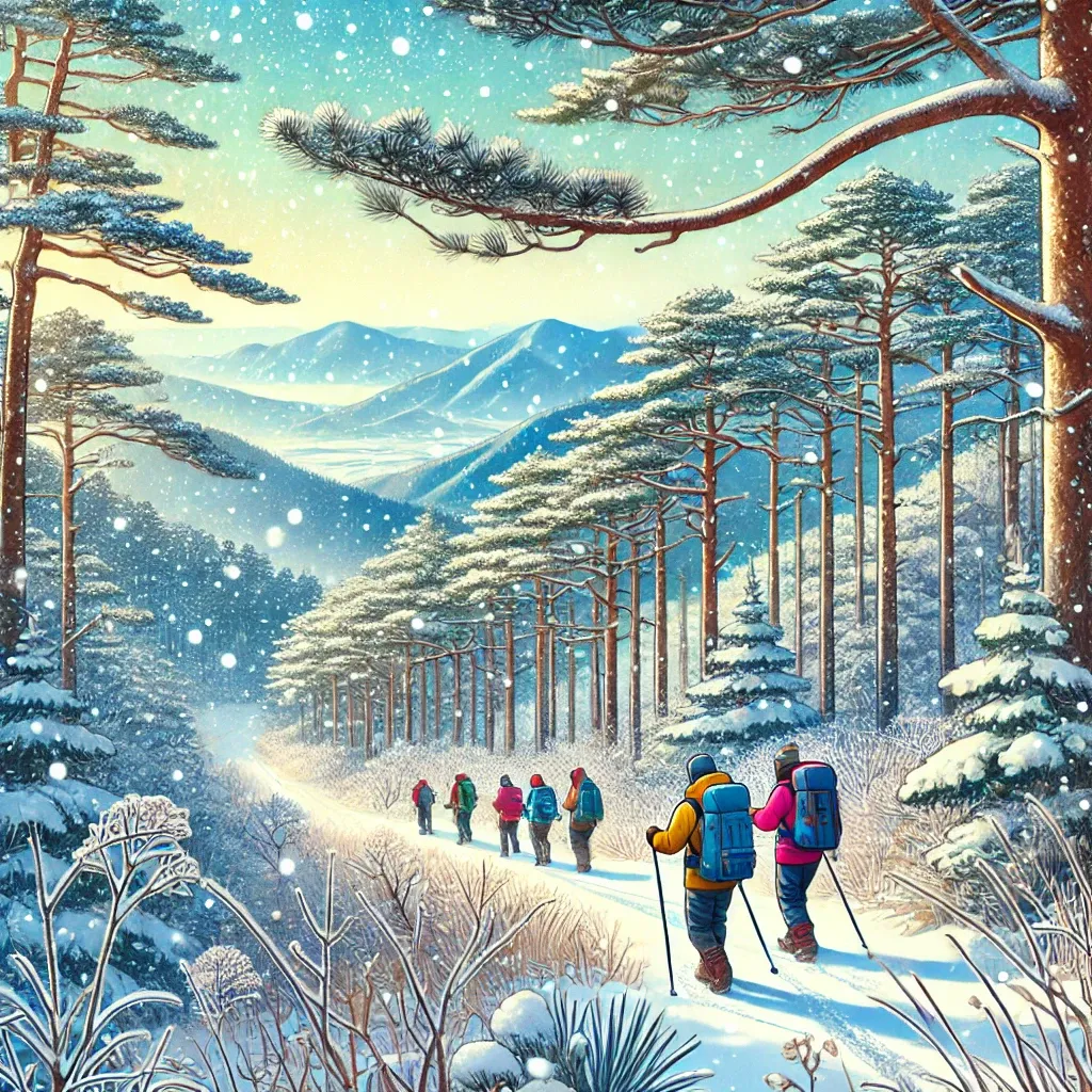 강원도 설원 하이킹&amp;#44; 눈 덮인 숲속 겨울 산책로