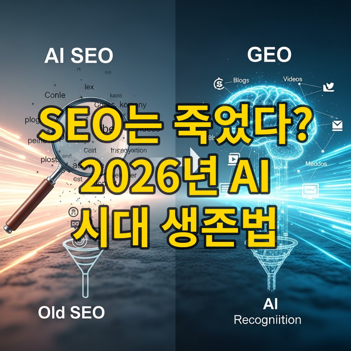 낡은 돋보기가 있는 SEO 영역에서 빛나는 AI 네트워크로 전환되는 디지털 풍경. AI가 콘텐츠를 선별하고 인용하는 GEO 시대의 도래를 상징합니다.