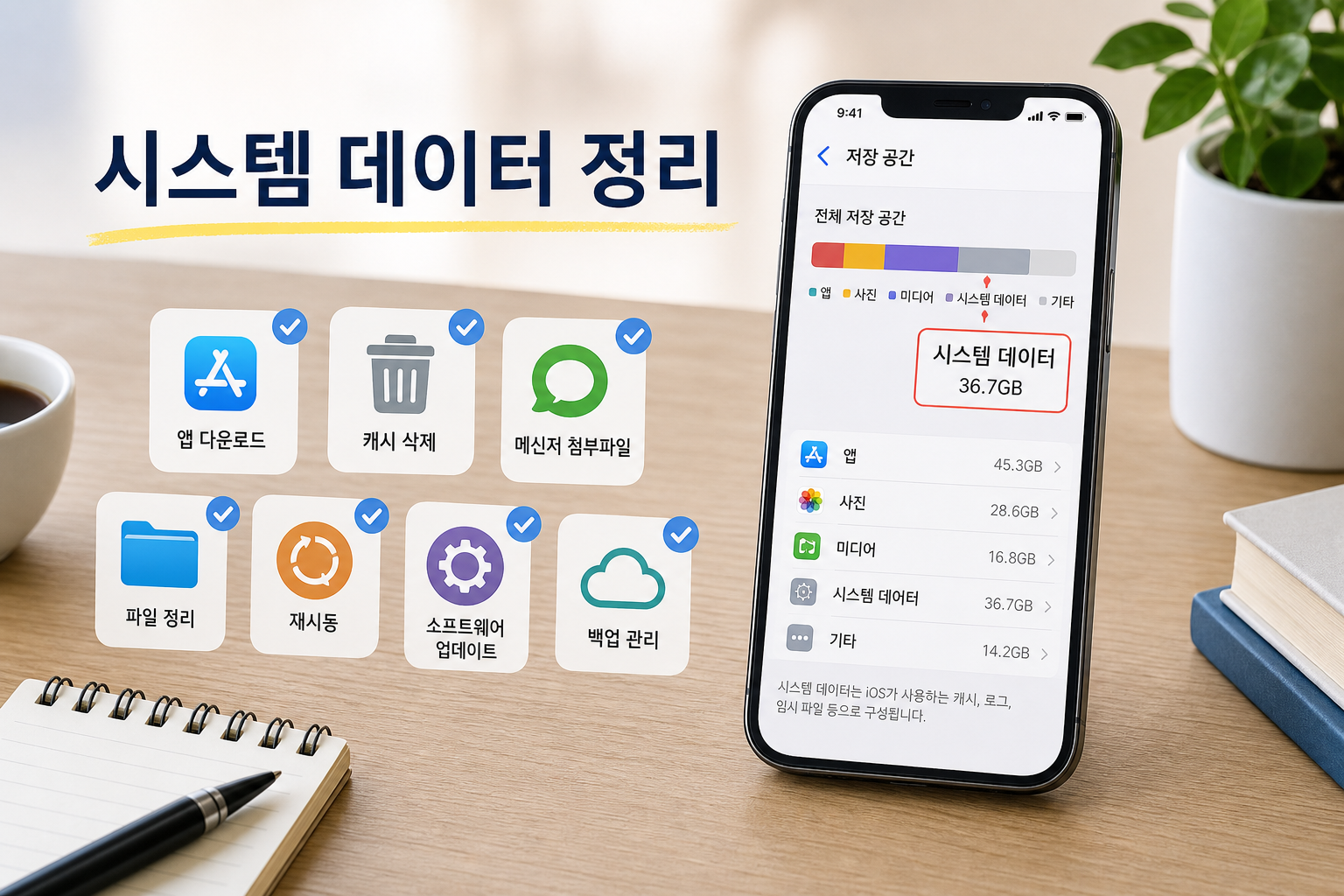 아이폰 시스템 데이터와 앱 다운로드, 캐시, 파일 폴더, 재시동, 백업 항목을 보여주는 대표 이미지