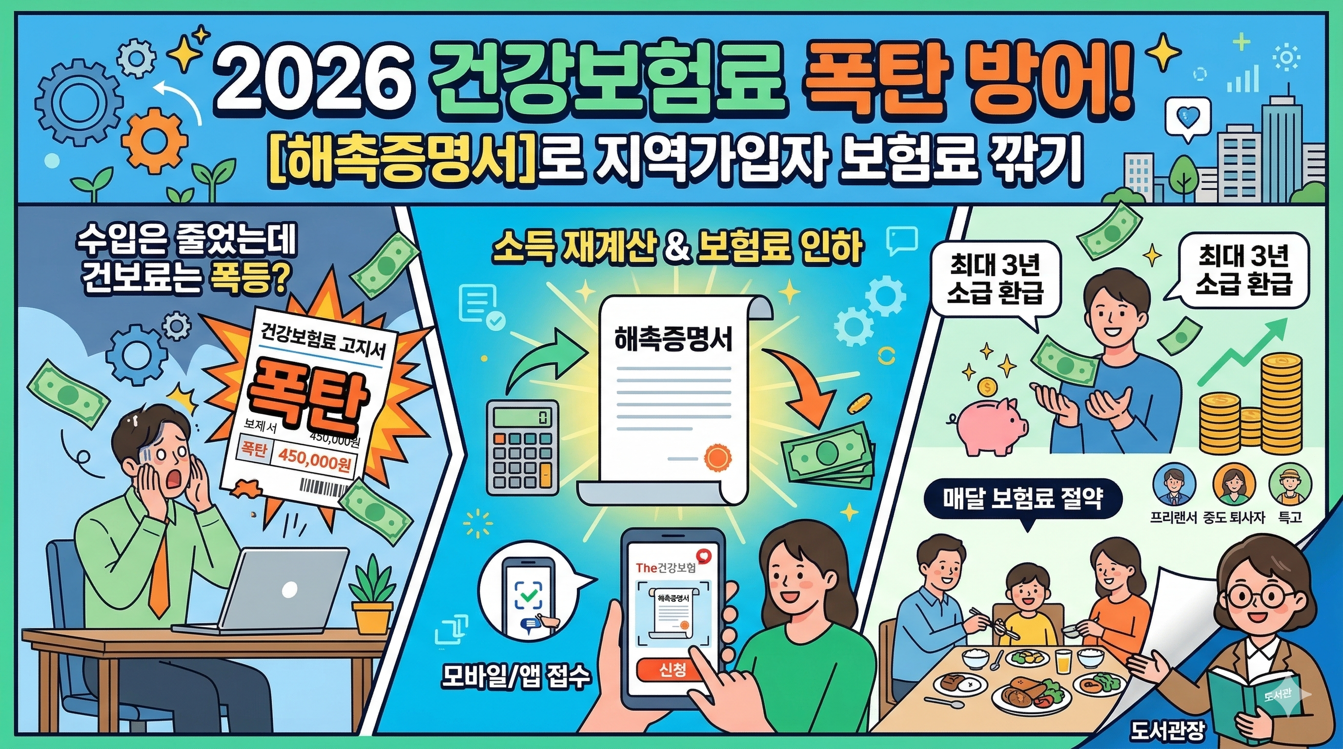 "2026년 건강보험료 폭탄을 방어하기 위해 '해촉증명서'로 지역가입자 보험료를 낮추는 법을 설명하는 인포그래픽입니다. 수입 감소로 인한 보험료 부담을 해촉증명서 제출과 모바일 앱 신청으로 해결하고, 보험료 인하 및 최대 3년 소급 환급을 통해 가계 부담을 줄이는 과정을 시각적으로 보여줍니다."