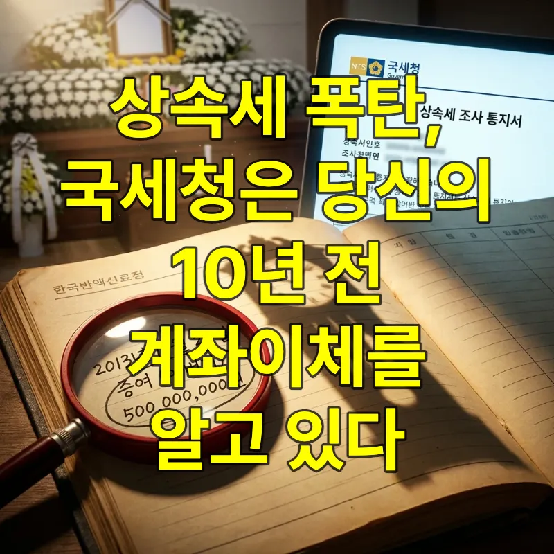 10년 전 계좌이체 내역이 적힌 낡은 통장과 이를 비추는 돋보기, 배경에는 흐릿한 상속세 조사 통지서가 놓여 있어 상속세 세무조사의 긴장감을 표현한 이미지