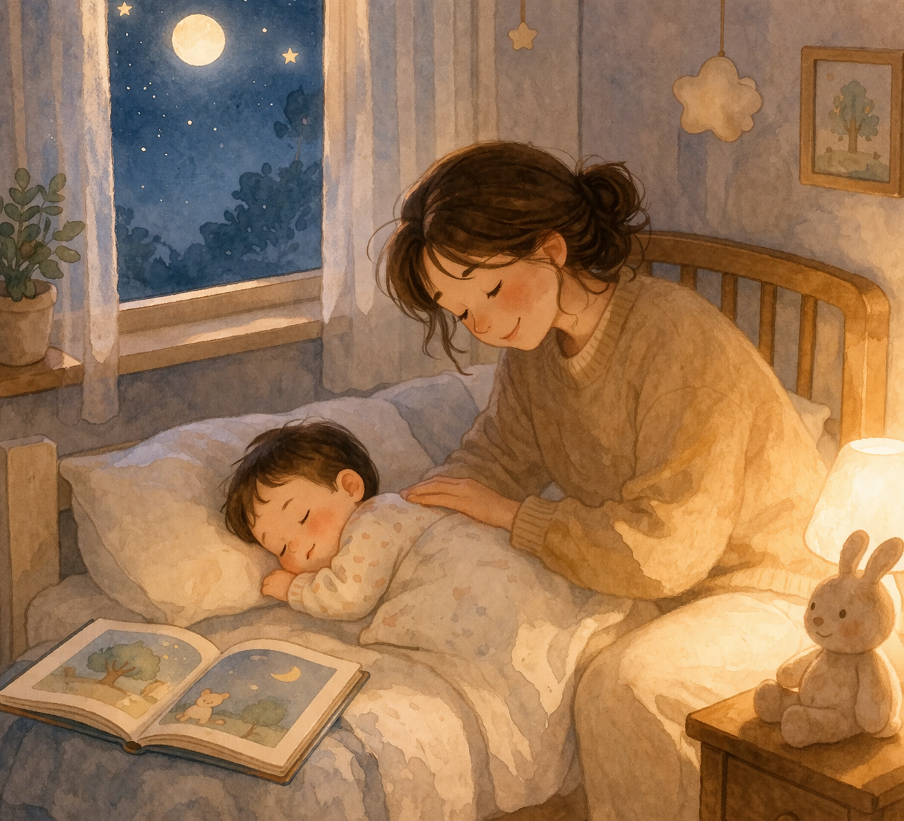 A mother gently patting her baby to sleep in a dimly lit room with an open picture book nearby, illustrating a nighttime bedtime routine.