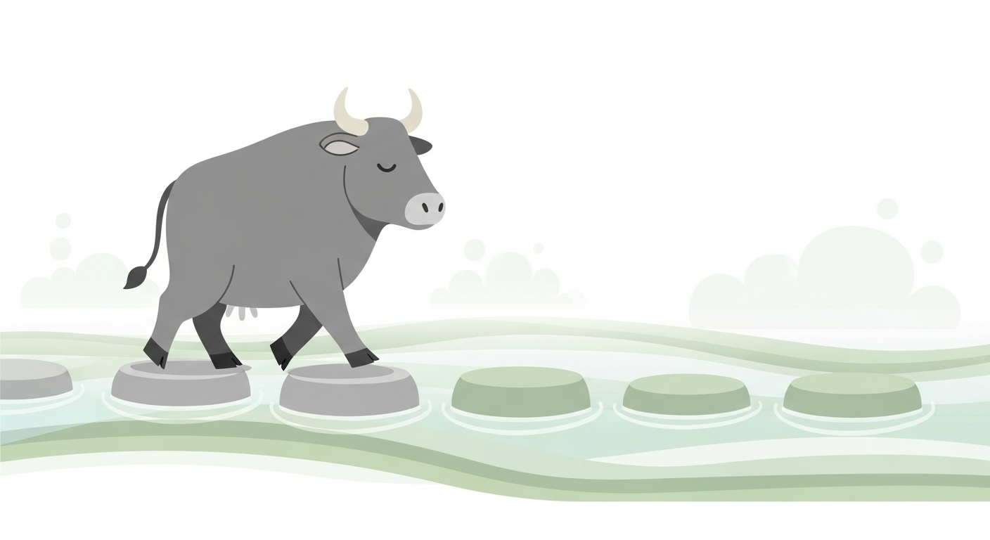 안개가 걷히는 개울가의 징검다리를 묵묵히 건너며 꾸준히 나아가는 소 캐릭터 일러스트