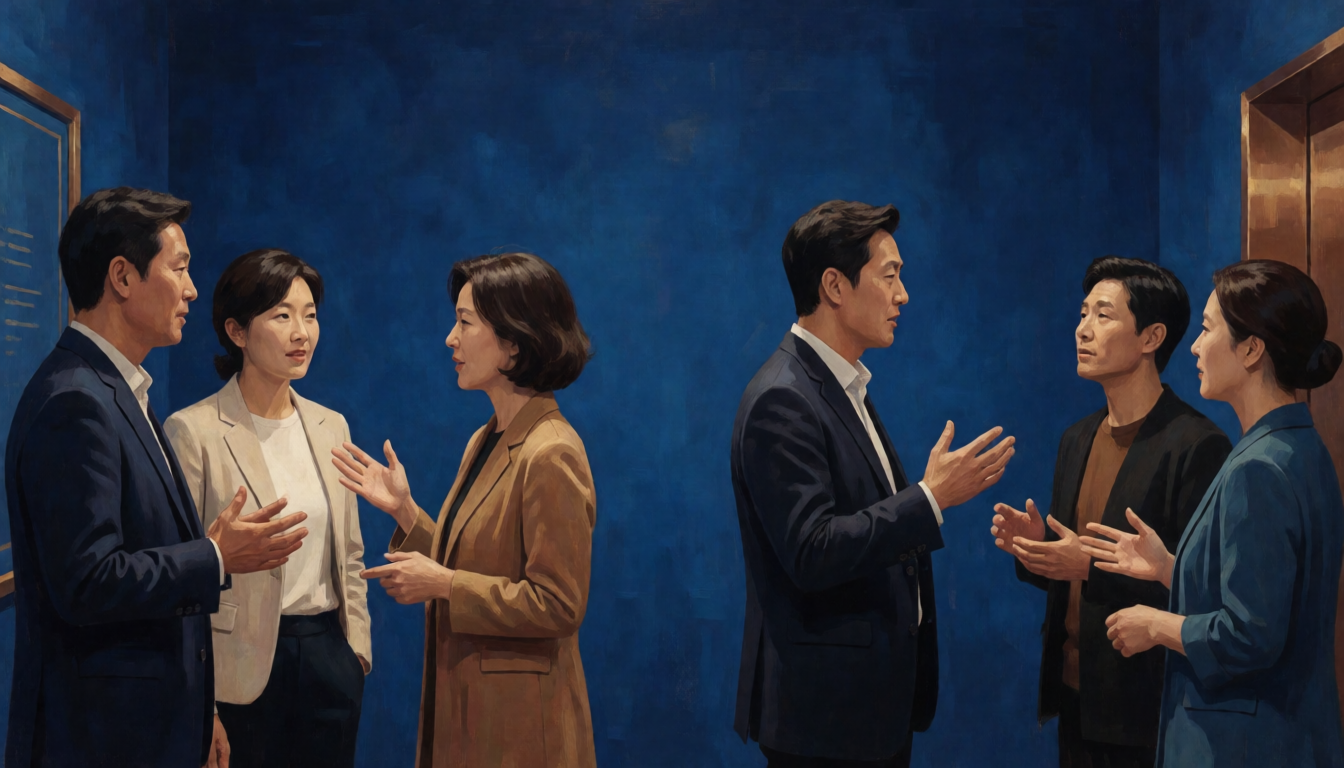 영화관 로비에서 두 무리로 나뉘어 이야기하는 성인 여섯 명
