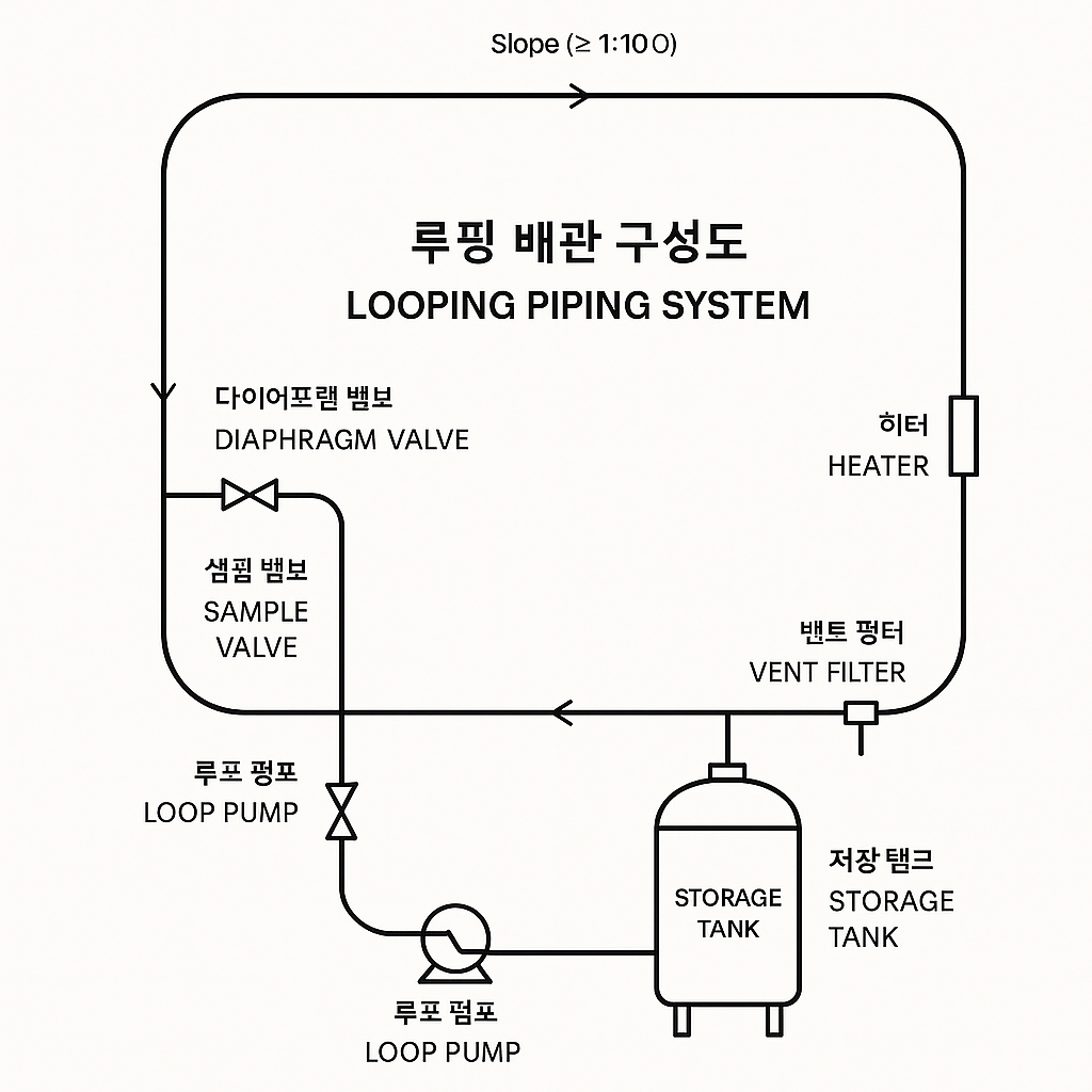 Looping Piping System Diagram for WFI and PW Systems with Storage Tank, Loop Pump, Heater, and Valves