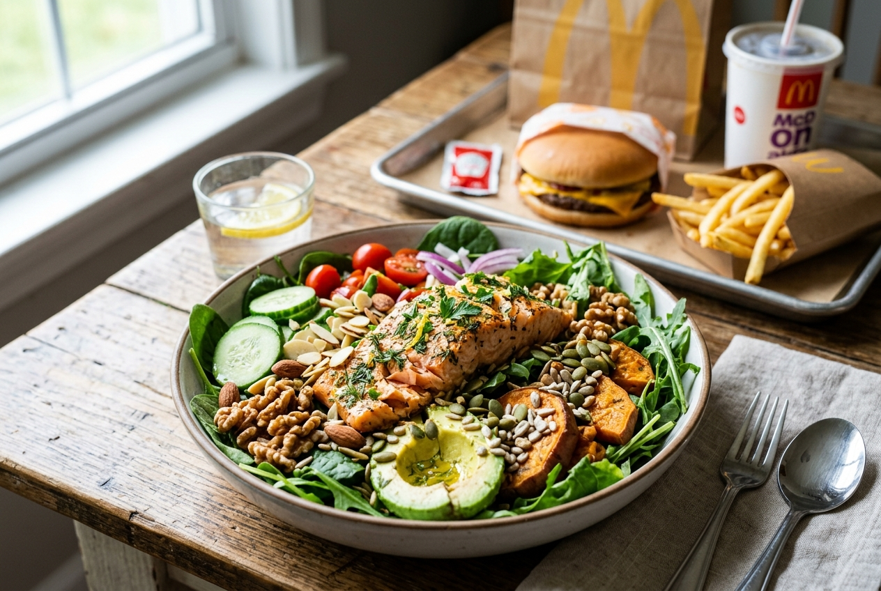 기름진 패스트푸드와 대비되는 신선한 채소와 연어, 견과류가 가득 담긴 건강한 샐러드 볼