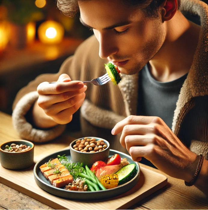 작은 접시를 사용하여 천천히 식사하는 모습