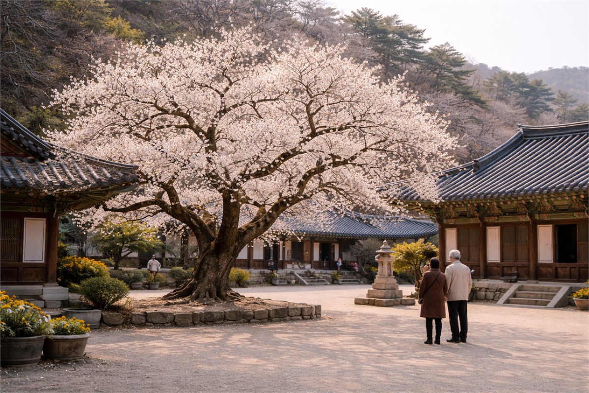 고즈넉한 사찰 마당에서 오래된 매화나무를 바라보는 풍경