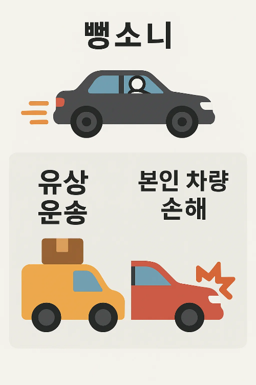 자동차 책임보험 보장제외 항목으로 뺑소니, 유상운송, 본인 차량 손해 사례를 담은 상세 인포그래픽 이미지