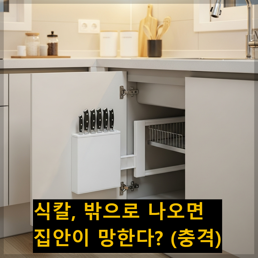 한국식 아파트 주방 싱크대 하부장 문 안쪽에 설치된 칼꽂이에 식칼들이 안전하게 수납되어 있어 칼날이 보이지 않는 깔끔한 모습