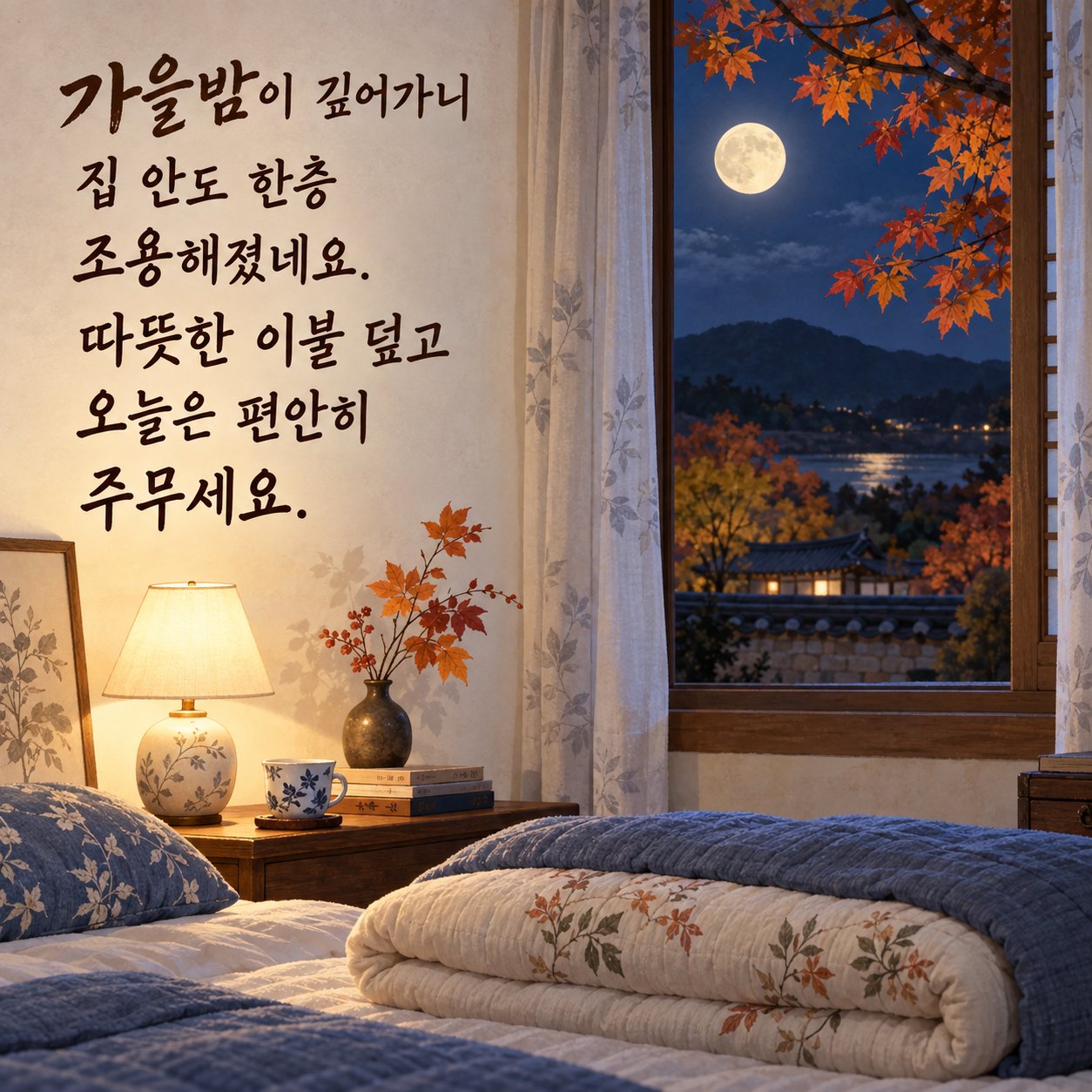 가을 저녁 인사 이미지 20 — 가을밤이 깊어가니 집 안도 한층 조용해졌네요. 따뜻한 이불 덮고 오늘은 편안히 주무세요.