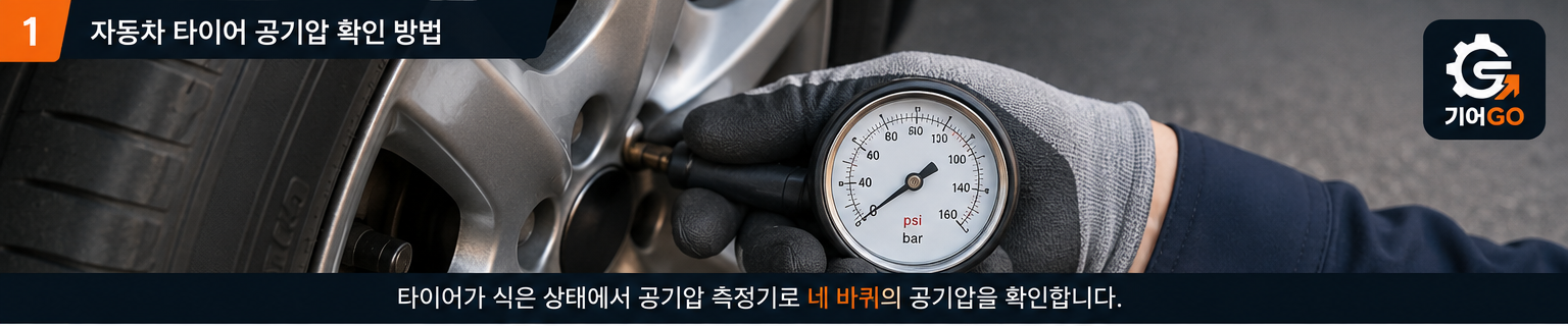 자동차 타이어 공기압 측정기로 공기압 확인하는 모습