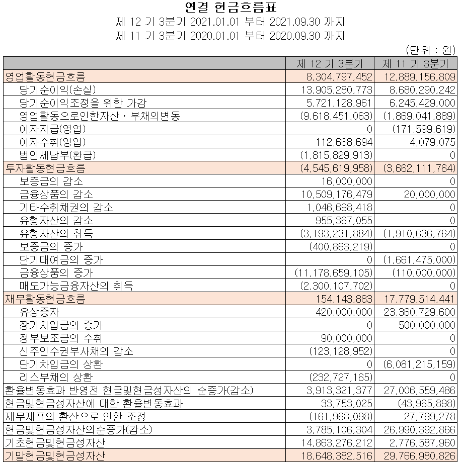 넥스틴 현금흐름표(2021년 3분기)