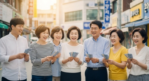 한국인들이 할인쿠폰을 받으며 기뻐하는 장면