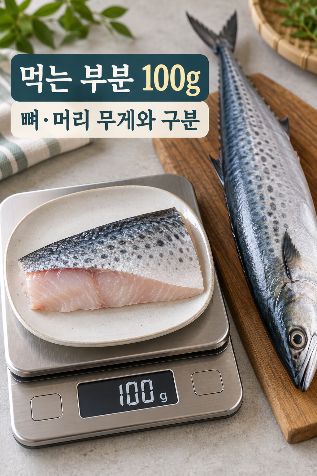 저울 위 생삼치 살 100g과 별도로 놓인 통삼치.