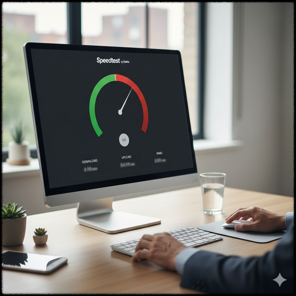 인터넷 속도 측정 사이트에서 다운로드와 업로드 속도를 확인하는 장면