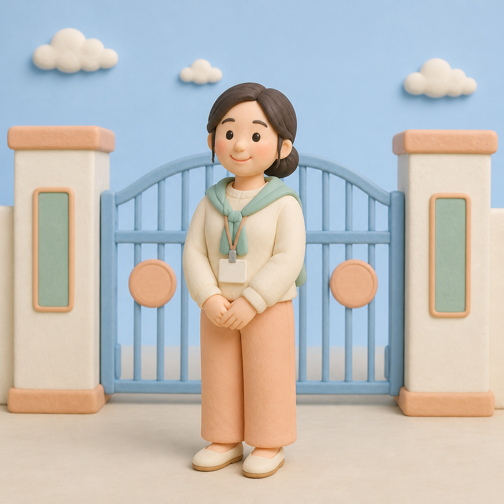 학부모 이름표를 목에 걸고 교문 앞에 선 사람