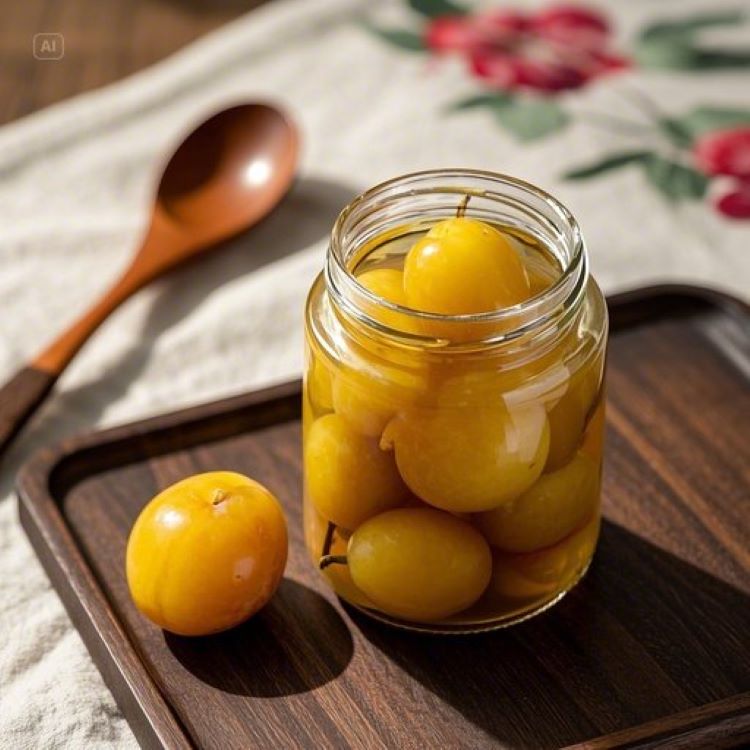 투명한 유리병에 담긴 황금빛 매실장아찌와 신선한 매실이 함께 놓여있는 모습. 배경에는 한국 전통 식탁보와 나무 숟가락이 자연스럽게 배치되어 있고, 따뜻한 자연광이 비치는 깔끔하고 건강한 느낌의 이미지.