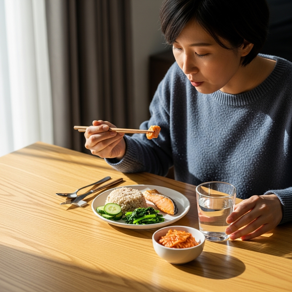작은-균형-잡힌-식사와-물을-보여주는-테이블-장면입니다.