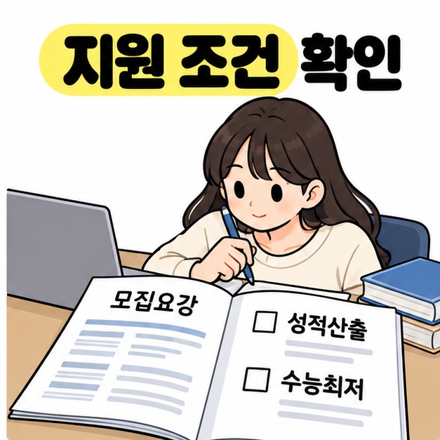 학생이 노트북 옆에서 모집요강의 성적산출과 수능최저 항목을 확인하는 모습